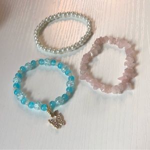 Stretch Bracelet bundle (3 Bracelets) Butterfly/Faux Pearl/Faux Rose Quartz Bead